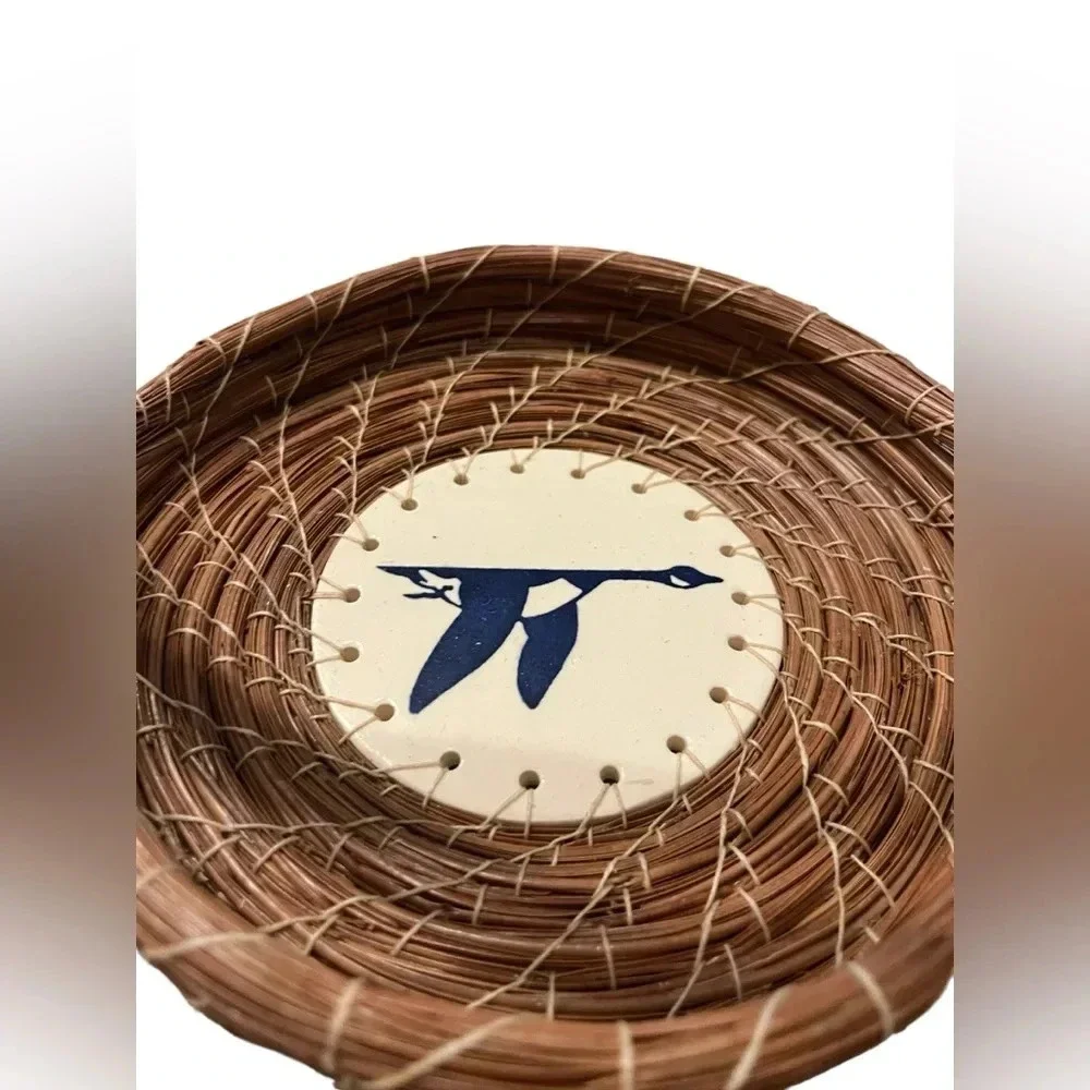 Pine Needle Handle Basket With Handpainted Ceramic Bird Plate Bottom Sig…